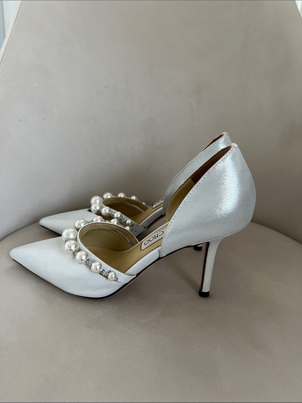 Jimmy Choo Pearl-Trim White Pointed-Toe Pumps - Picture 5 of 6